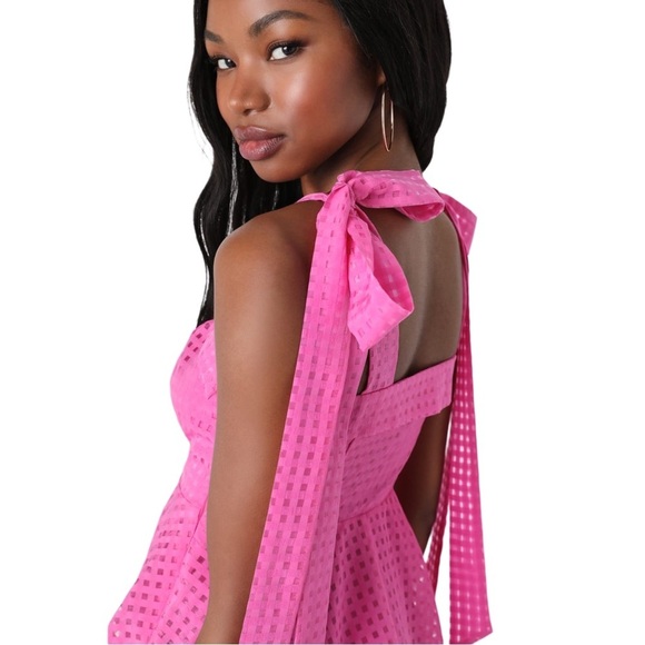 Lulus Forever Darling Magenta Gingham Burnout Tie-Strap Mini Dress Size Small - Picture 2 of 14